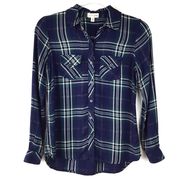 Maison Jules Tops - Maison Jules Blue Green Plaid Button Down Shirt XS